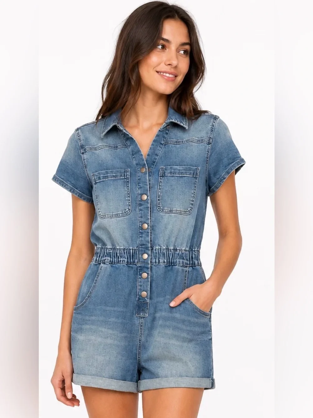 Celebrity Pink Denim Shorts Romper - Blue Size Small (3-5) - Picture 2 of 6